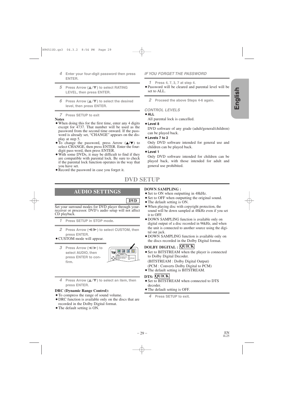 English, Dvd setup, Audio settings | Hitachi DV PF74U User Manual | Page 29 / 44