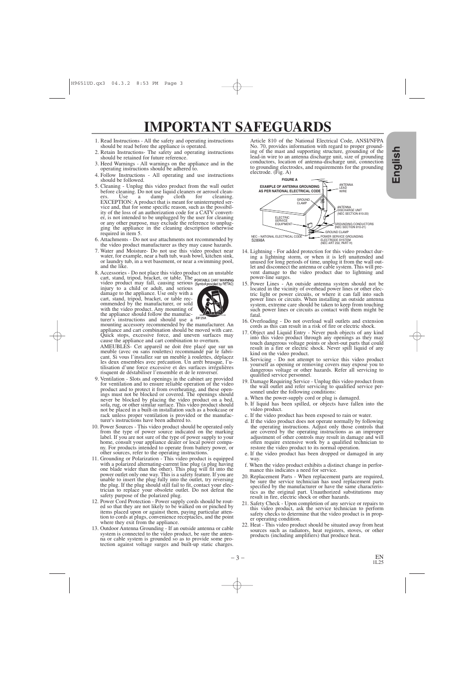 Important safeguards, English | Hitachi DV PF74U User Manual | Page 3 / 44