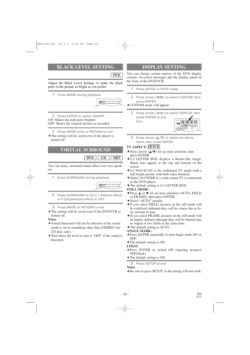 Black level setting, Virtual surround, Display setting | Hitachi DV PF74U User Manual | Page 30 / 44