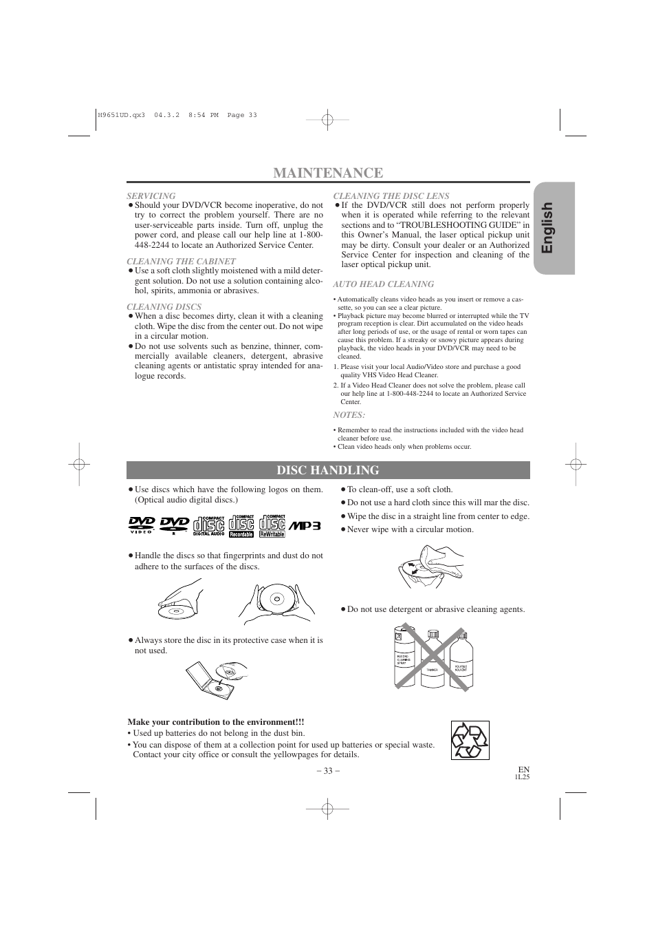 English maintenance, Disc handling | Hitachi DV PF74U User Manual | Page 33 / 44