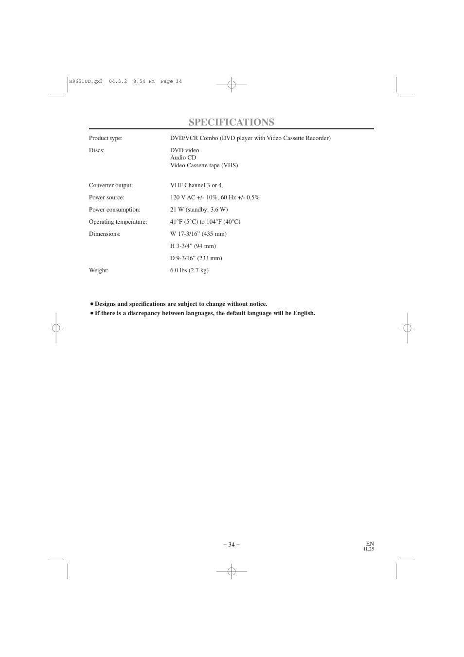 Specifications | Hitachi DV PF74U User Manual | Page 34 / 44