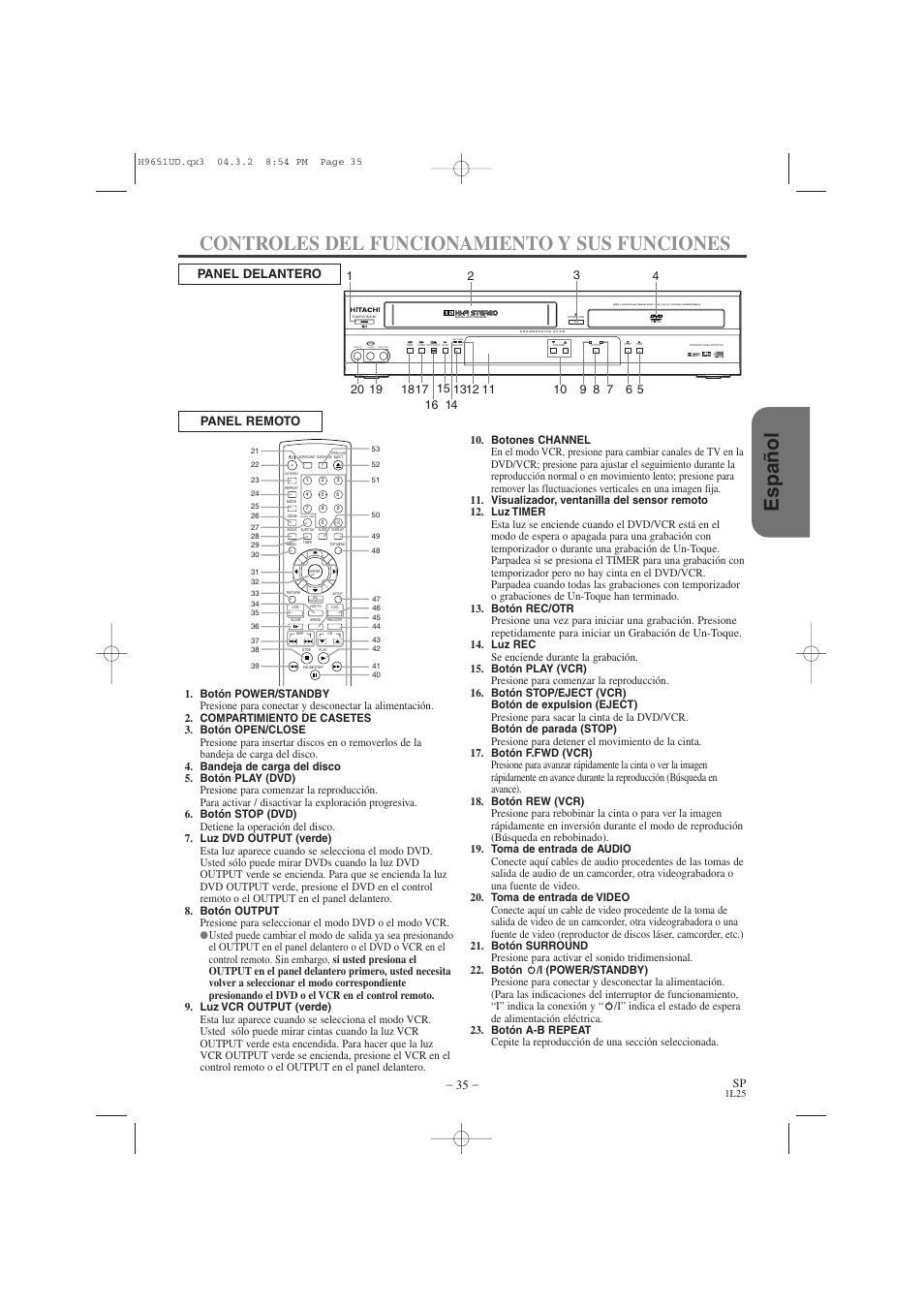 Español, Controles del funcionamiento y sus funciones, Panel delantero panel remoto | Hitachi DV PF74U User Manual | Page 35 / 44