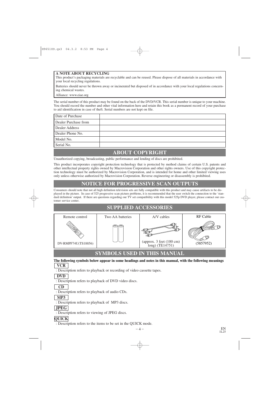 About copyright, Symbols used in this manual, Supplied accessories | Notice for progressive scan outputs | Hitachi DV PF74U User Manual | Page 4 / 44