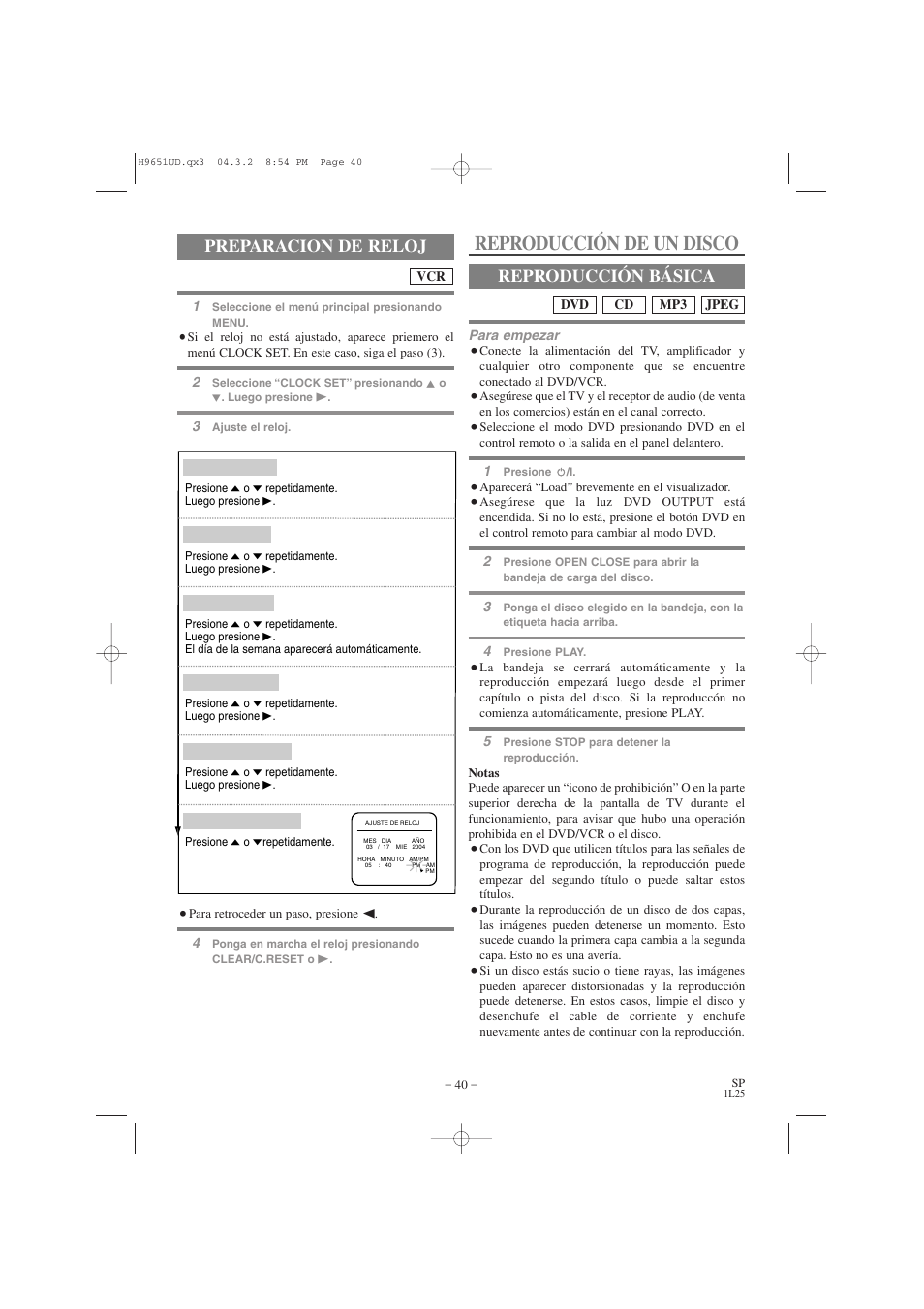 Reproducción de un disco, Preparacion de reloj, Reproducción básica | Hitachi DV PF74U User Manual | Page 40 / 44