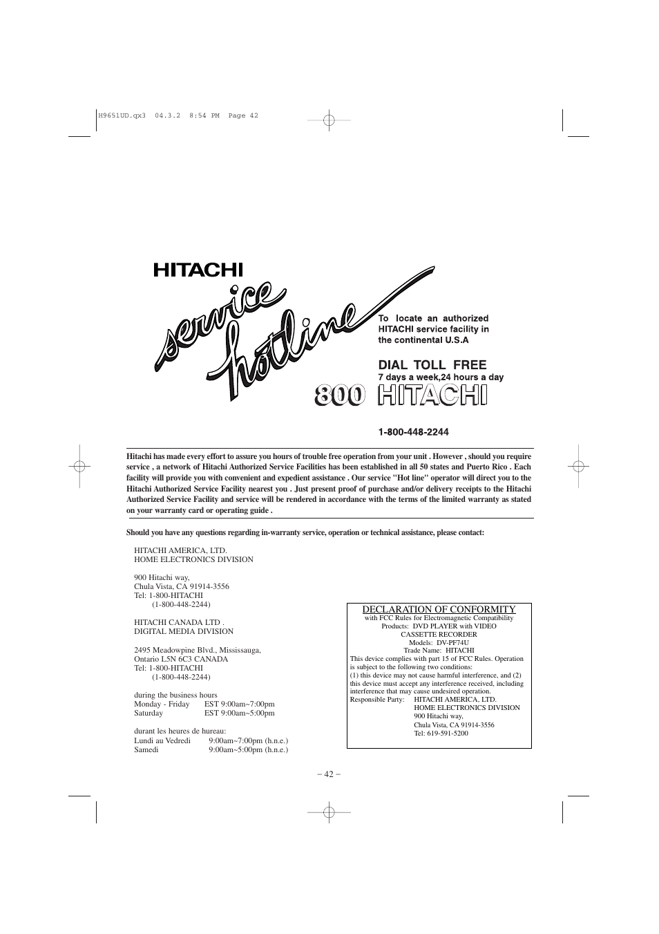Hitachi DV PF74U User Manual | Page 42 / 44