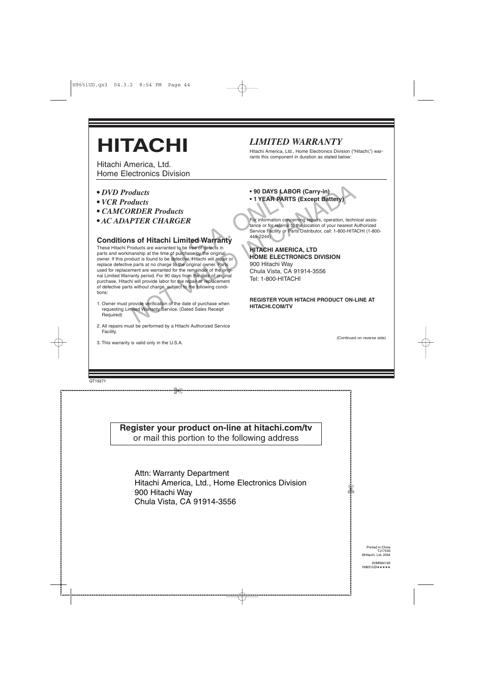 U. s.a. onl y no t v alid in canad a, Hitachi | Hitachi DV PF74U User Manual | Page 44 / 44
