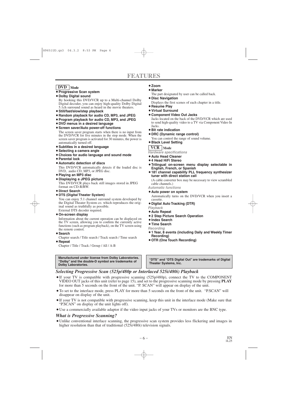 Features | Hitachi DV PF74U User Manual | Page 6 / 44