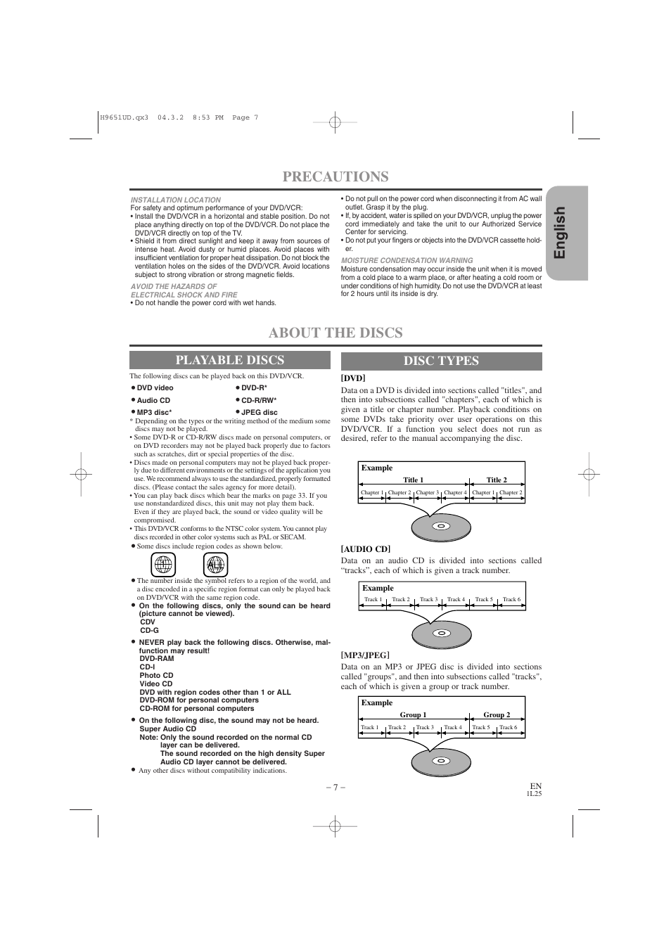 English about the discs, Precautions, Playable discs | Disc types | Hitachi DV PF74U User Manual | Page 7 / 44