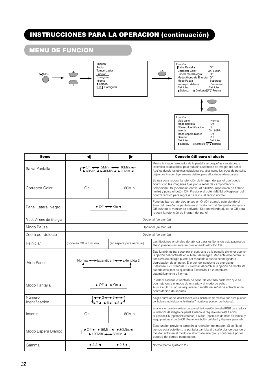 Menu de funcion, Instrucciones para la operacion (continuación) | Hitachi CMP420V2 User Manual | Page 116 / 142