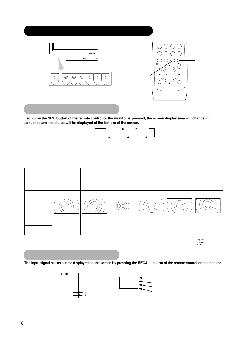 Size switching, Input signal screen display, Operating instructions (continued) | Display area selection diagram (rgb input) | Hitachi CMP420V2 User Manual | Page 20 / 142