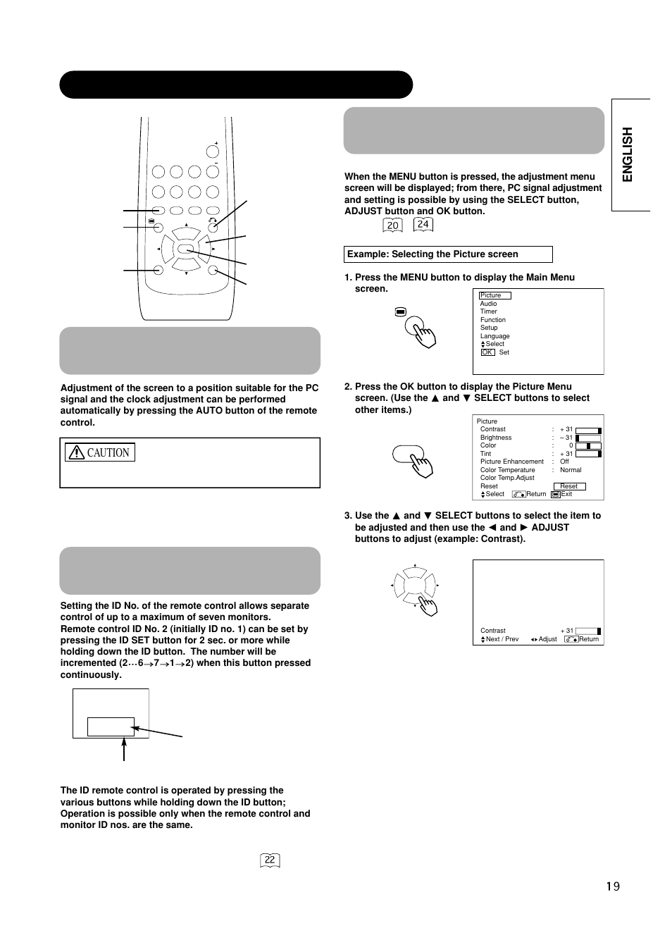 Using the menu screen (on-screen display system), English, Caution | Hitachi CMP420V2 User Manual | Page 21 / 142