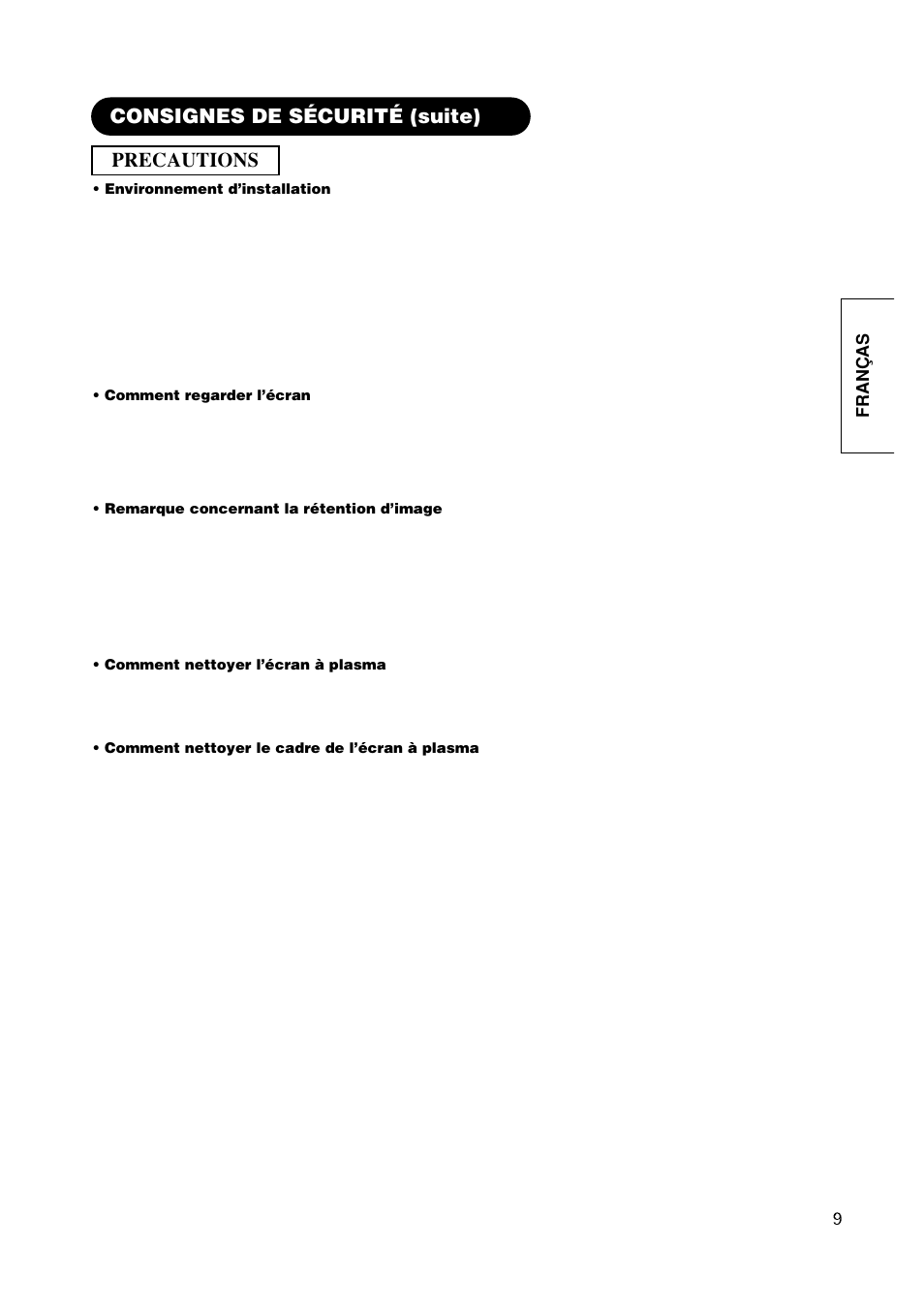 Precautions, Consignes de sécurité (suite), Franças | Hitachi CMP420V2 User Manual | Page 57 / 142