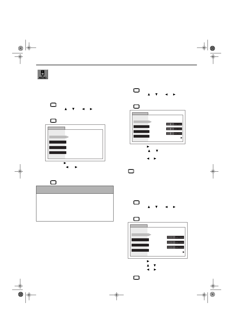 Menu selections, Audio adjustments, Mode | Bass, treble, and balance, Reset | Hitachi GX Series 27GX01B User Manual | Page 17 / 28