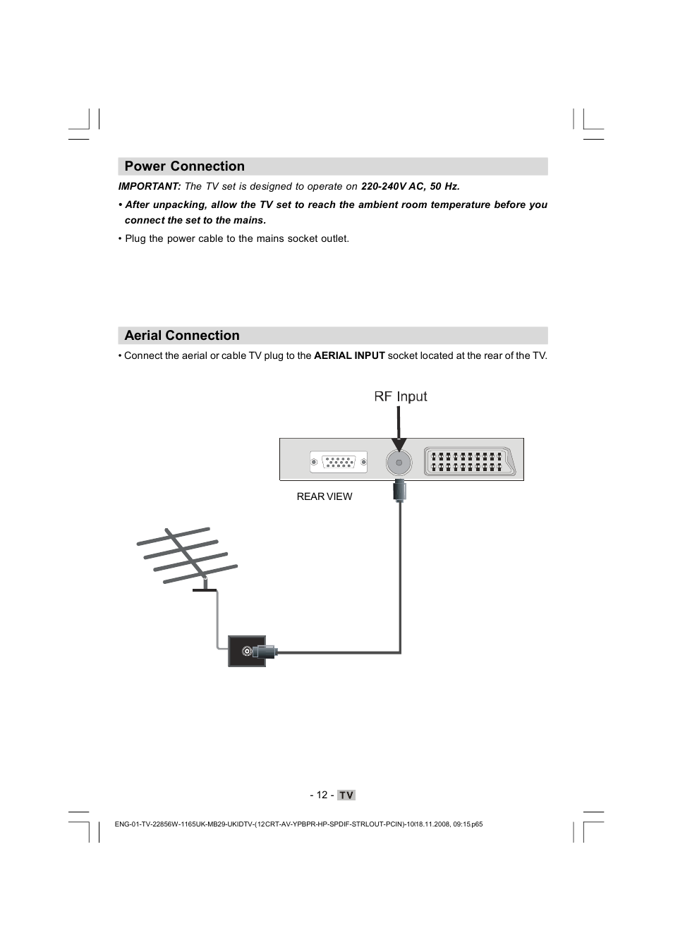 Power connection, Aerial connection | Hitachi L22DP03U User Manual | Page 13 / 63