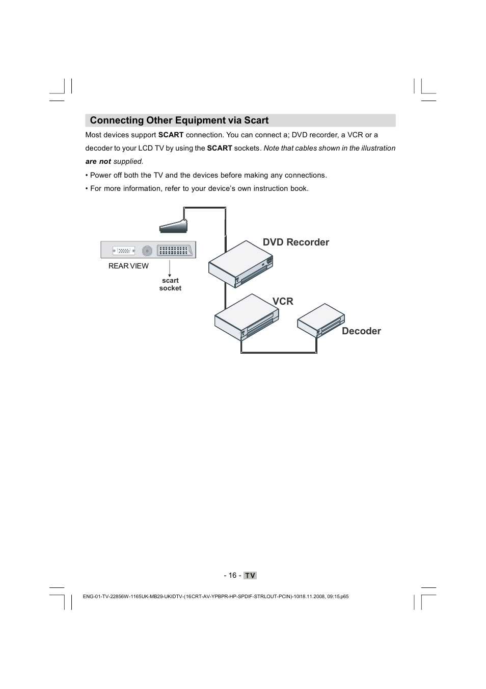 Connecting other equipment via scart, Vcr dvd recorder decoder | Hitachi L22DP03U User Manual | Page 17 / 63