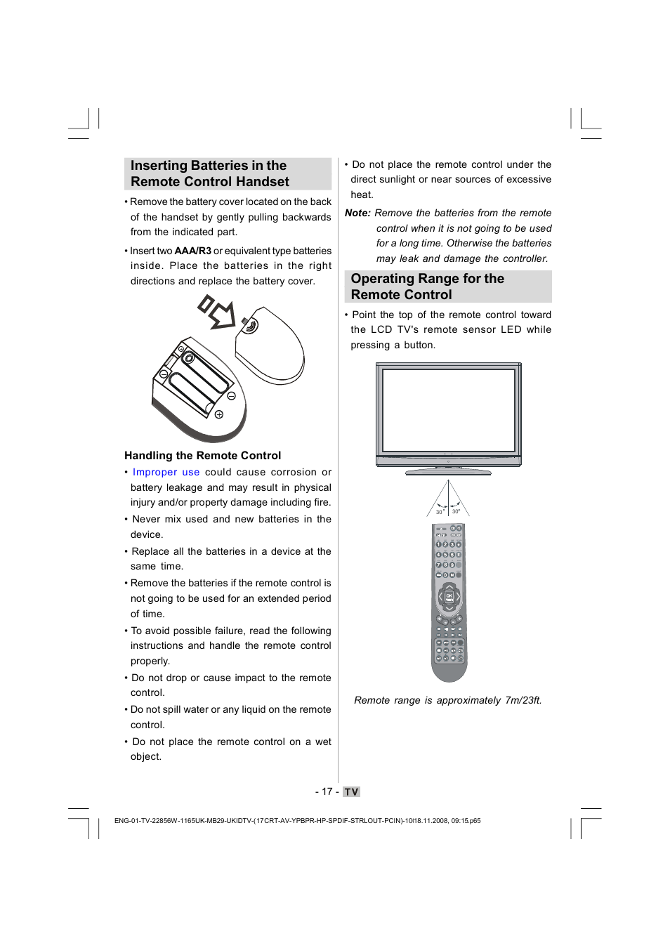 Inserting batteries in the remote control handset, Operating range for the remote control | Hitachi L22DP03U User Manual | Page 18 / 63