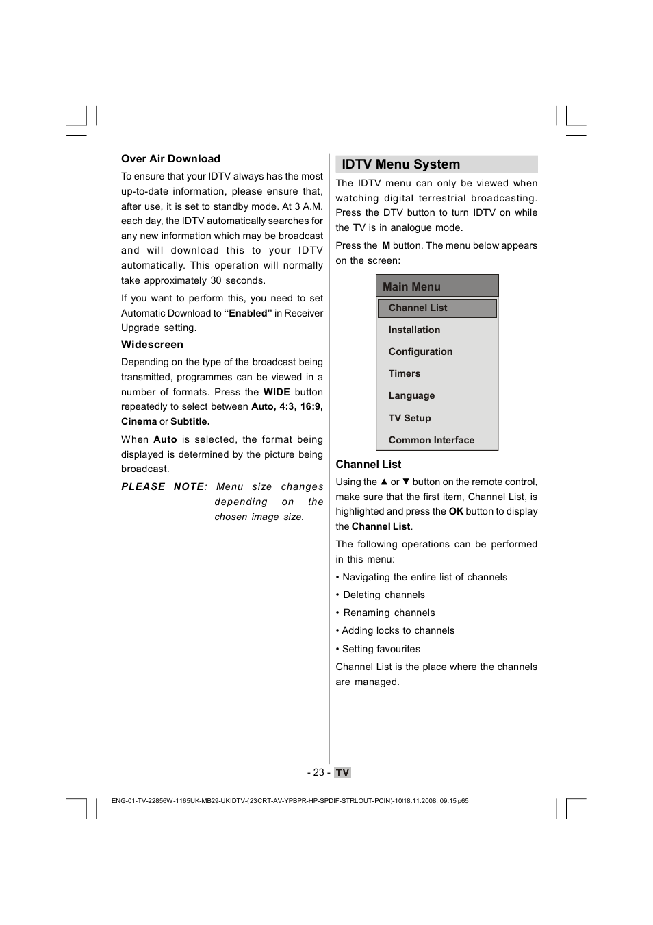 Idtv menu system | Hitachi L22DP03U User Manual | Page 24 / 63