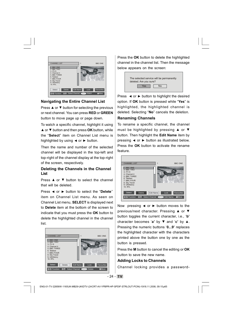 Navigating the entire channel list, Deleting the channels in the channel list, Renaming channels | Adding locks to channels, Channel locking provides a password | Hitachi L22DP03U User Manual | Page 25 / 63