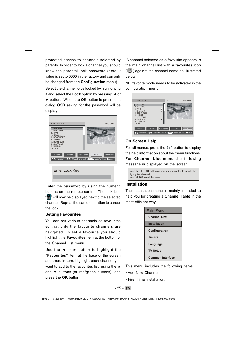 Setting favourites, On screen help, Installation | Hitachi L22DP03U User Manual | Page 26 / 63