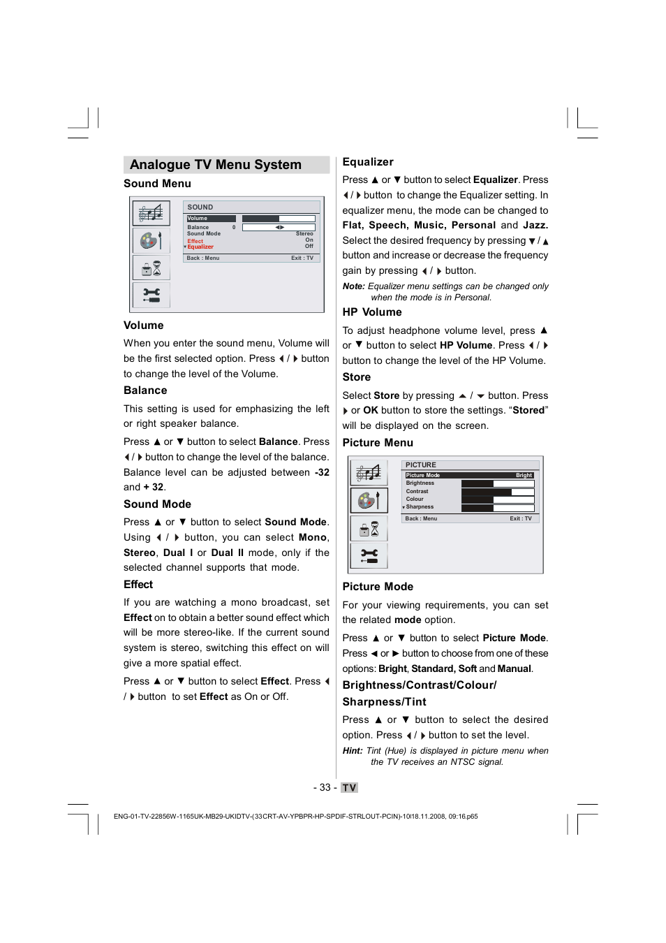 Analogue tv menu system | Hitachi L22DP03U User Manual | Page 34 / 63