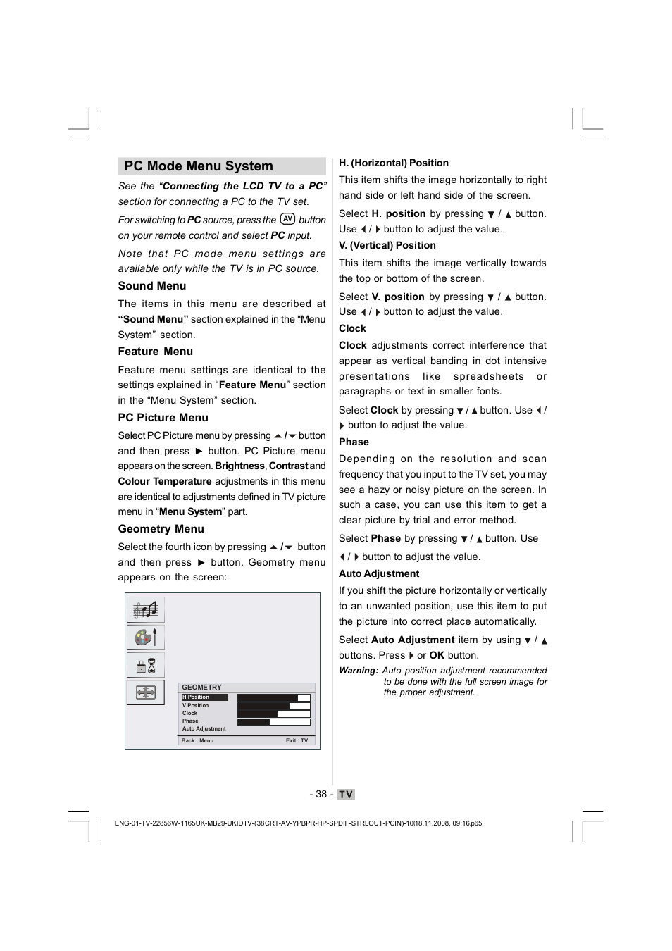 Pc mode menu system | Hitachi L22DP03U User Manual | Page 39 / 63