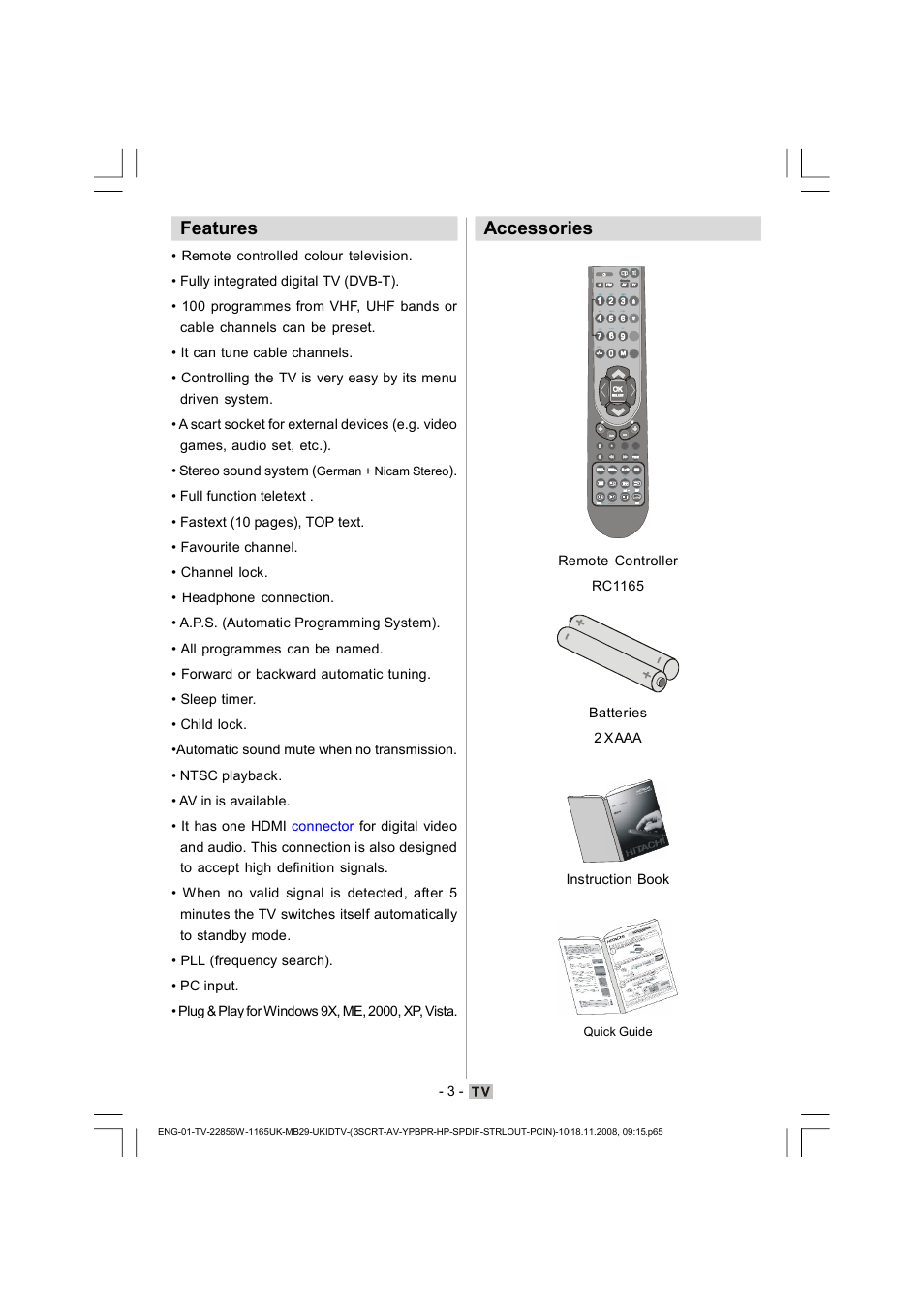 Features, Accessories | Hitachi L22DP03U User Manual | Page 4 / 63