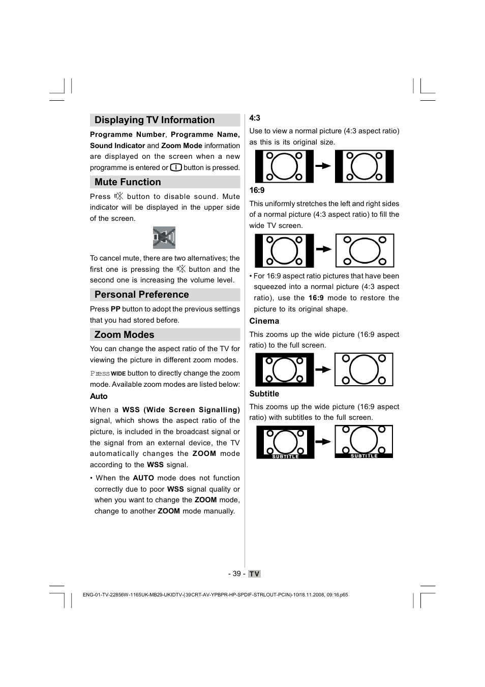 Displaying tv information, Mute function, Personal preference | Zoom modes | Hitachi L22DP03U User Manual | Page 40 / 63