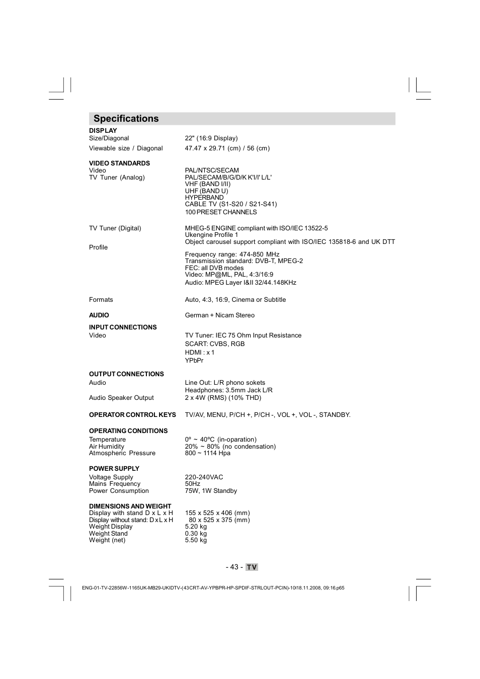 Specifications | Hitachi L22DP03U User Manual | Page 44 / 63