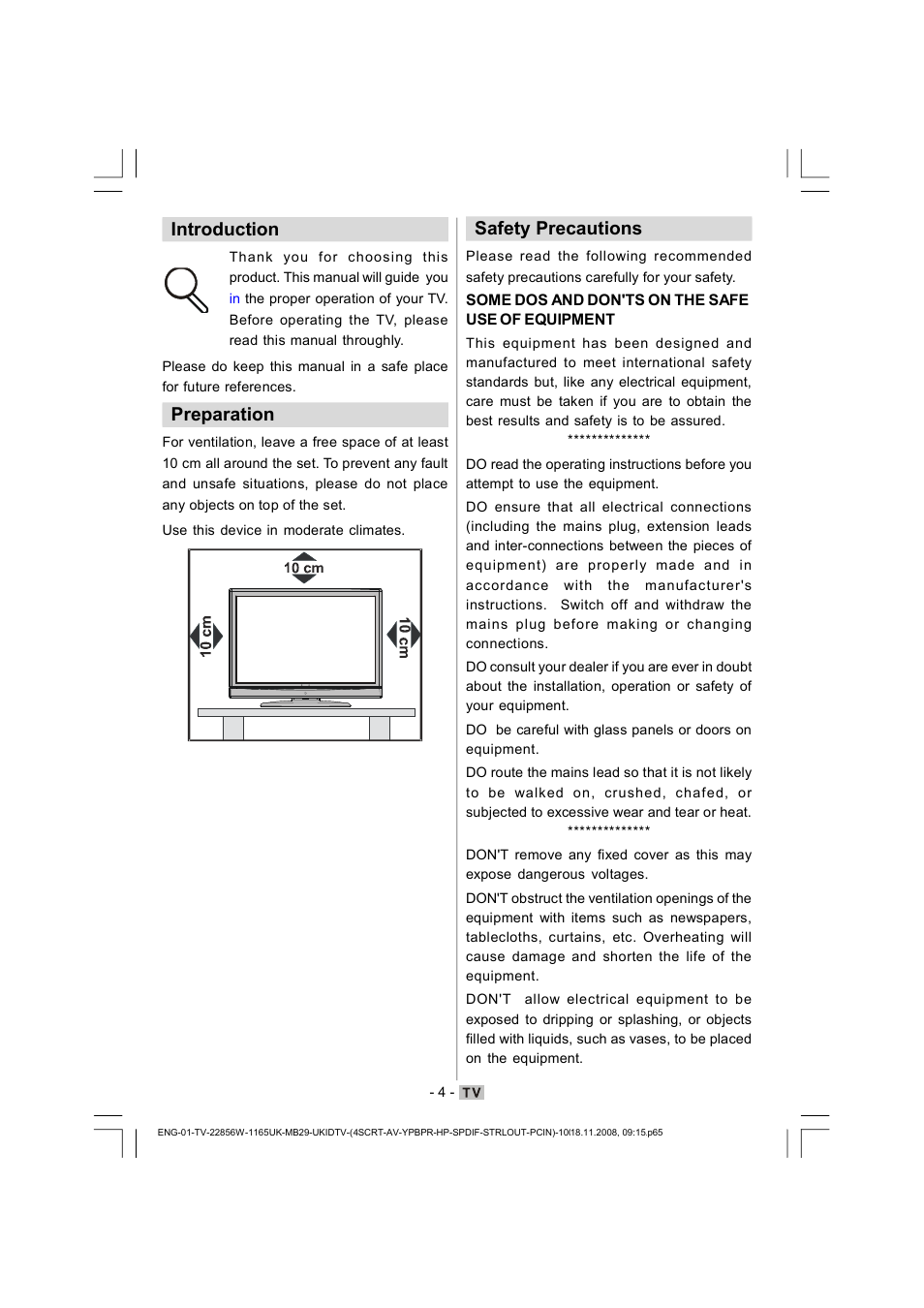 Introduction, Preparation, Safety precautions | Hitachi L22DP03U User Manual | Page 5 / 63