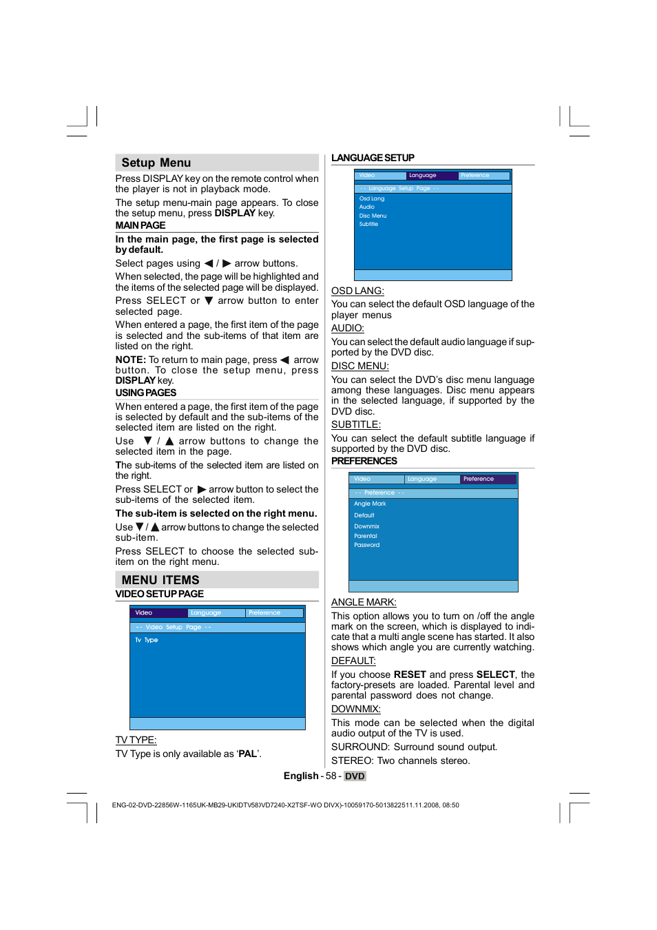 Setup menu, Menu items | Hitachi L22DP03U User Manual | Page 59 / 63