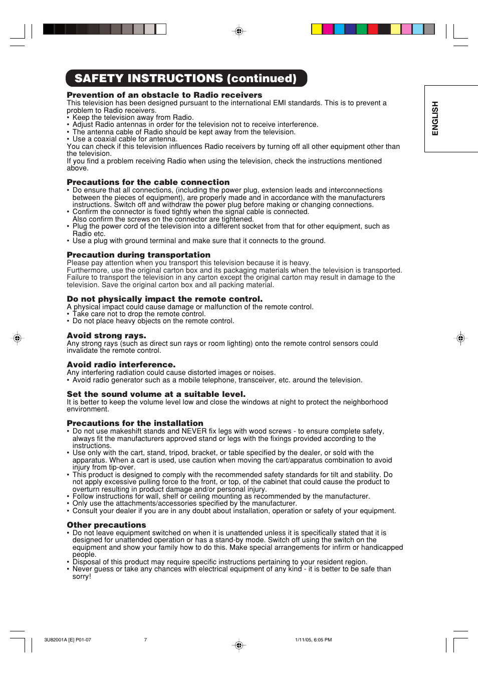 Safety instructions (continued) | Hitachi 42PD380TA-P2 User Manual | Page 10 / 47