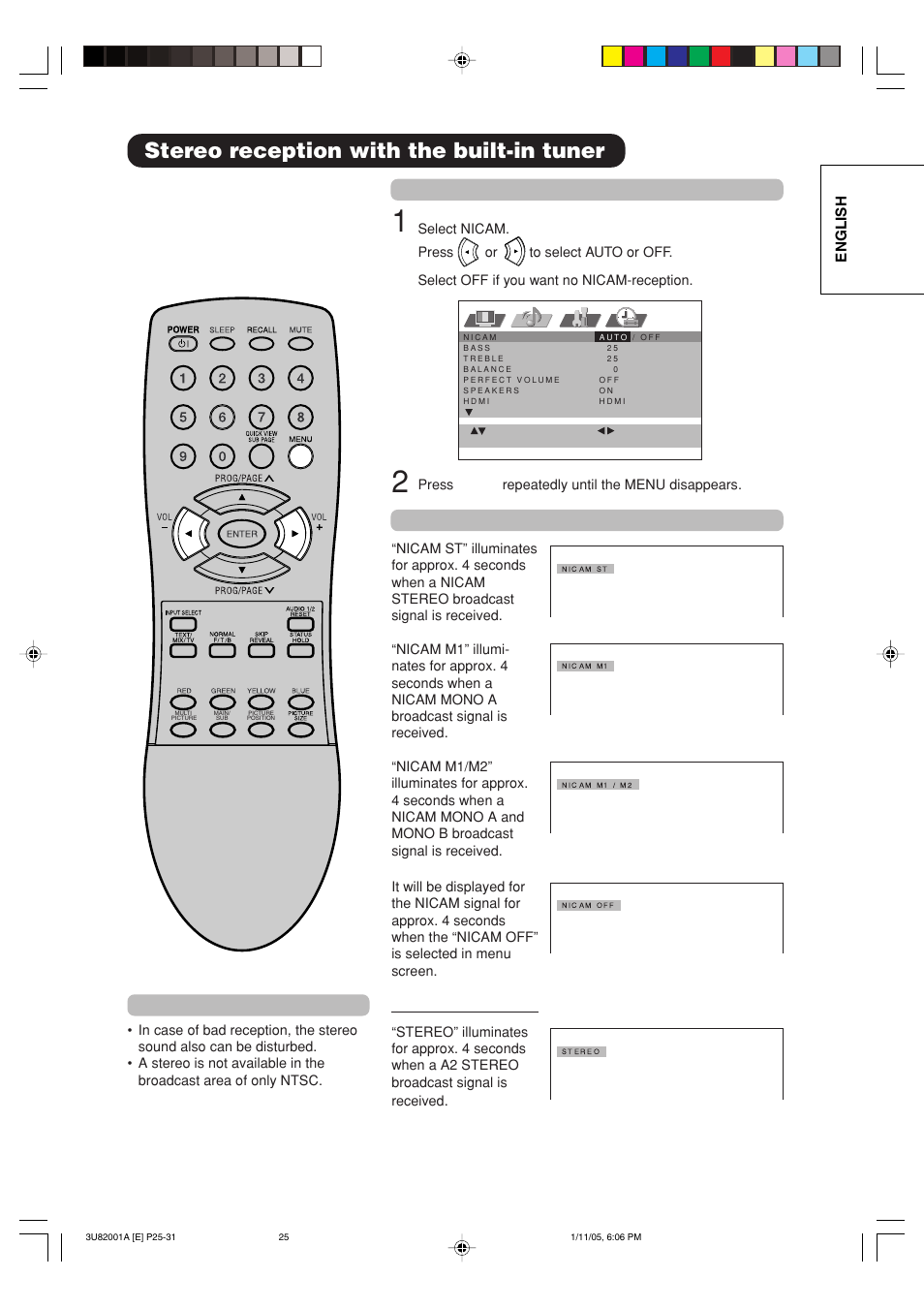 Stereo reception with the built-in tuner, A2 stereo reception, Nicam stereo sound reception | Followings can be displayed by nicam-reception, English | Hitachi 42PD380TA-P2 User Manual | Page 28 / 47