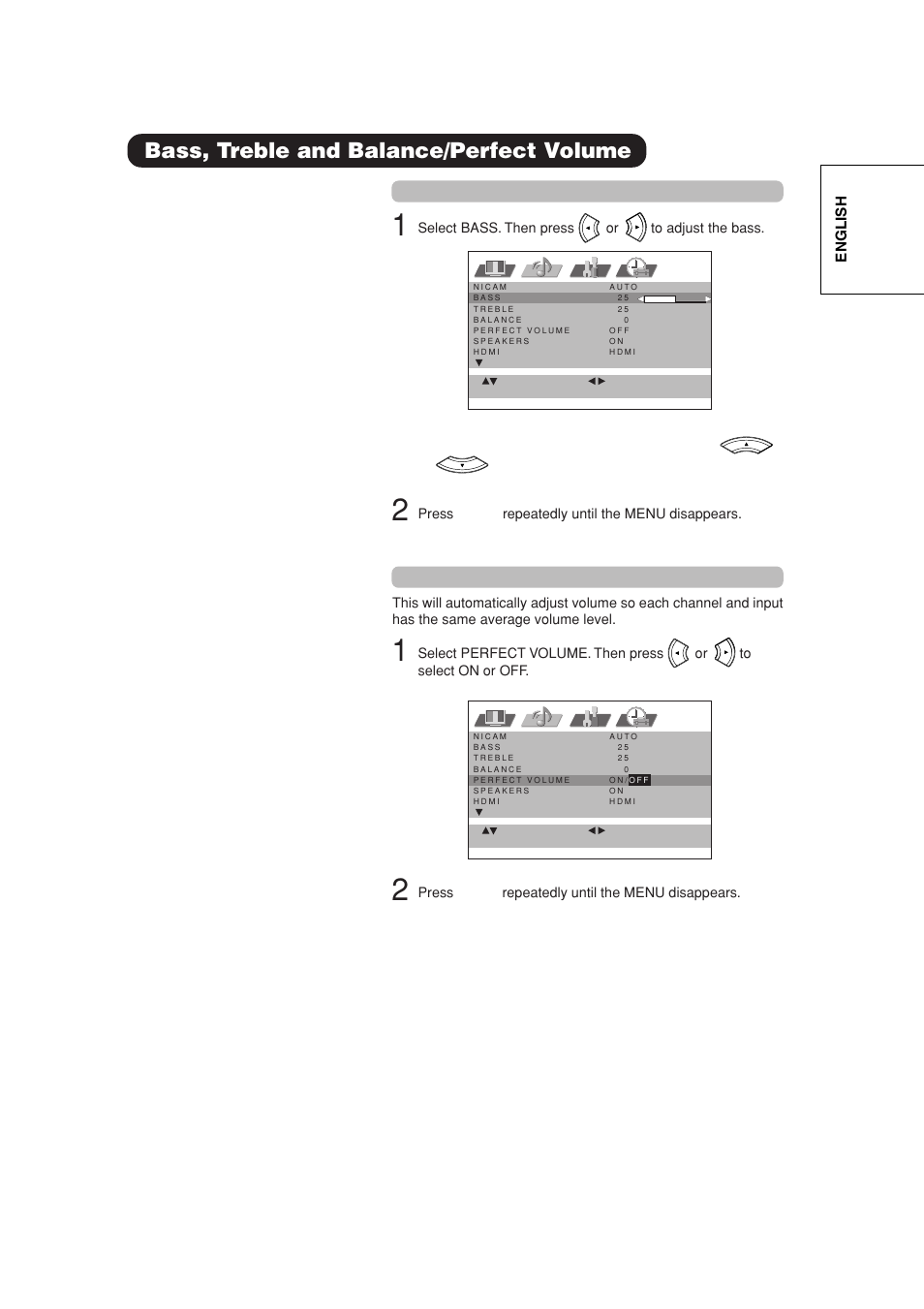 Bass, treble and balance/perfect volume, Bass, treble, and balance perfect volume | Hitachi 42PD380TA-P2 User Manual | Page 30 / 47