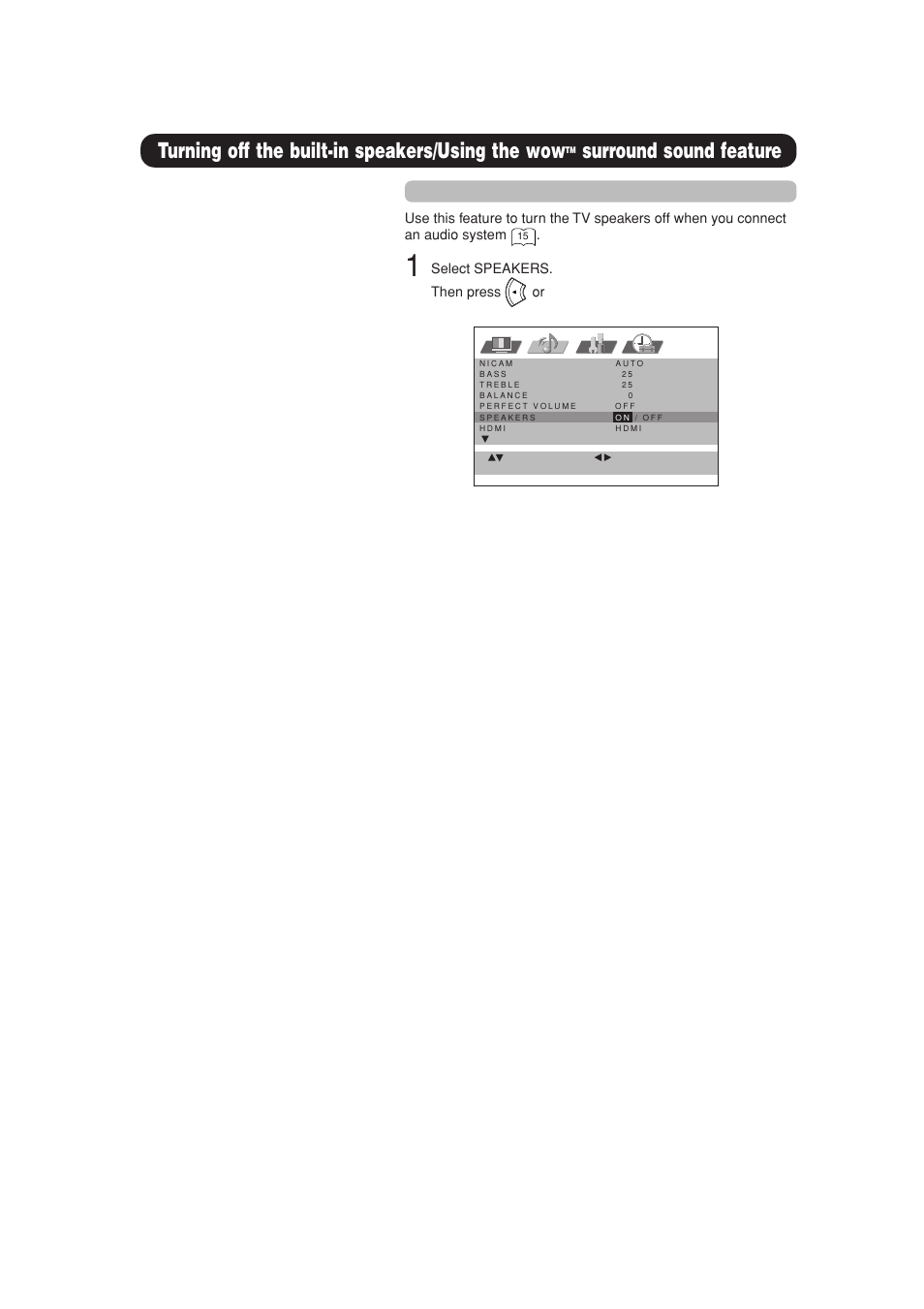Turning off the built-in speakers/using the wow, Surround sound feature, Turning off the built-in speakers | Hitachi 42PD380TA-P2 User Manual | Page 31 / 47