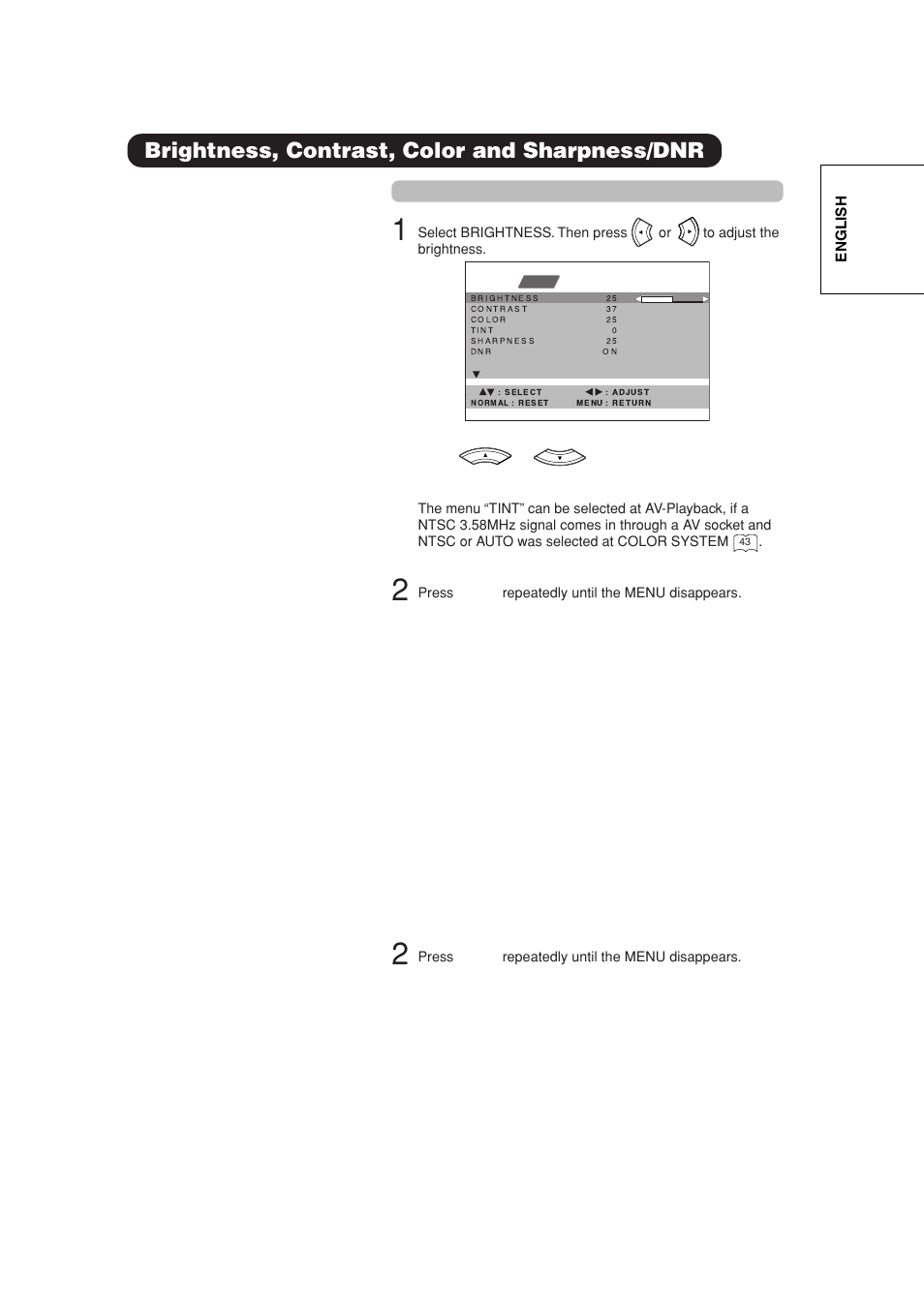 Brightness, contrast, color and sharpness/dnr | Hitachi 42PD380TA-P2 User Manual | Page 32 / 47