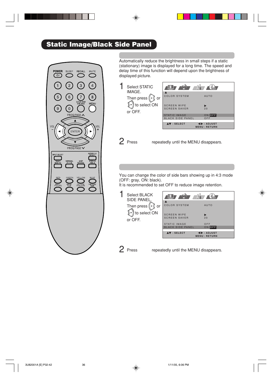 Static image/black side panel, Static image, Black side panel | Hitachi 42PD380TA-P2 User Manual | Page 39 / 47