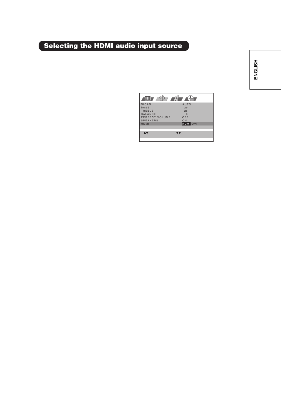 Selecting the hdmi audio input source, English | Hitachi 42PD380TA-P2 User Manual | Page 42 / 47