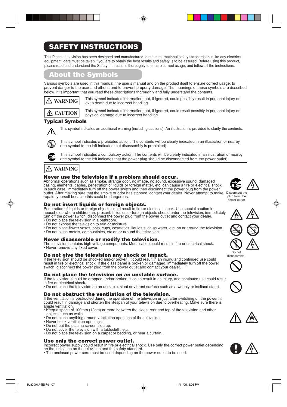 Safety instructions, About the symbols, Warning caution | Warning | Hitachi 42PD380TA-P2 User Manual | Page 7 / 47