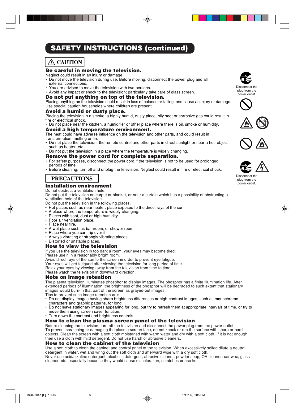 Safety instructions (continued), Caution, Precautions | Hitachi 42PD380TA-P2 User Manual | Page 9 / 47