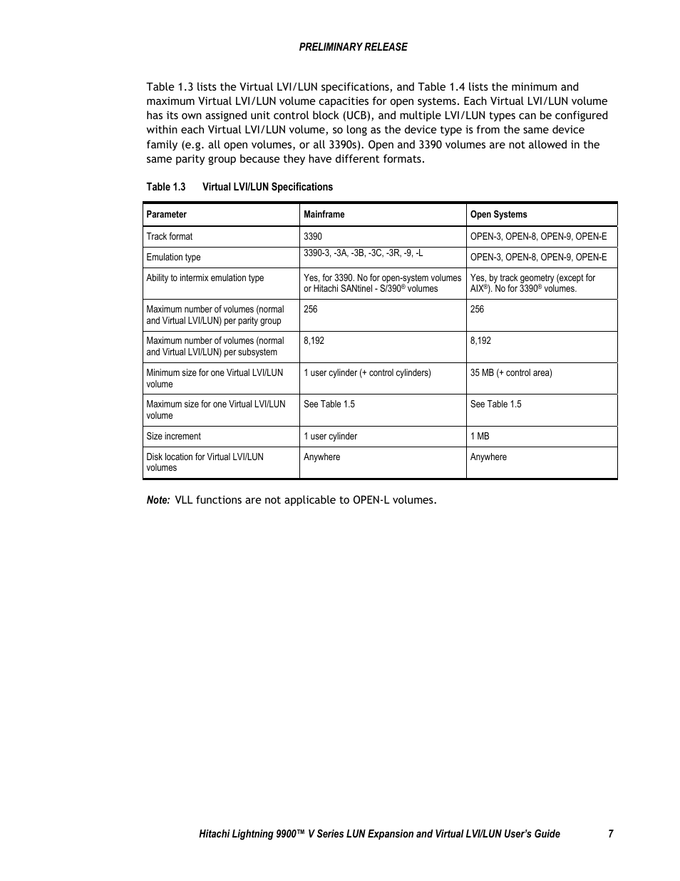 Table 1.3 virtual lvi/lun specifications | Hitachi 9900 V Series User Manual | Page 19 / 64