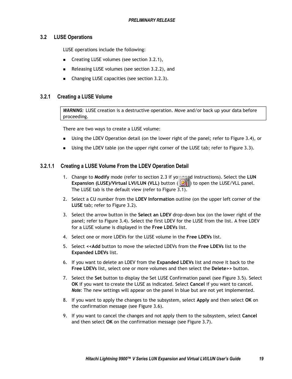 2 luse operations, 1 creating a luse volume | Hitachi 9900 V Series User Manual | Page 31 / 64