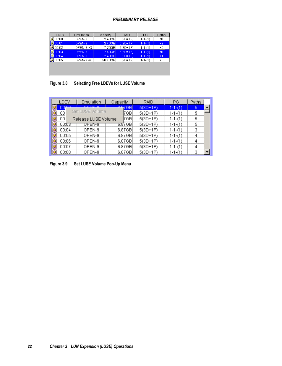Figure 3.8 selecting free ldevs for luse volume, Figure 3.9 set luse volume pop-up menu | Hitachi 9900 V Series User Manual | Page 34 / 64
