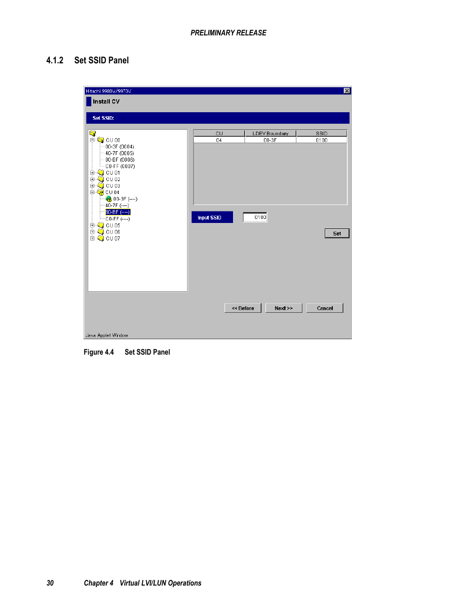 2 set ssid panel, Figure 4.4 set ssid panel | Hitachi 9900 V Series User Manual | Page 42 / 64