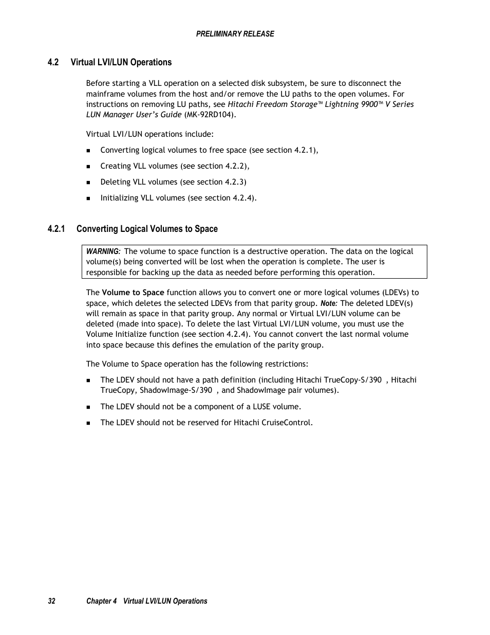 2 virtual lvi/lun operations, 1 converting logical volumes to space | Hitachi 9900 V Series User Manual | Page 44 / 64