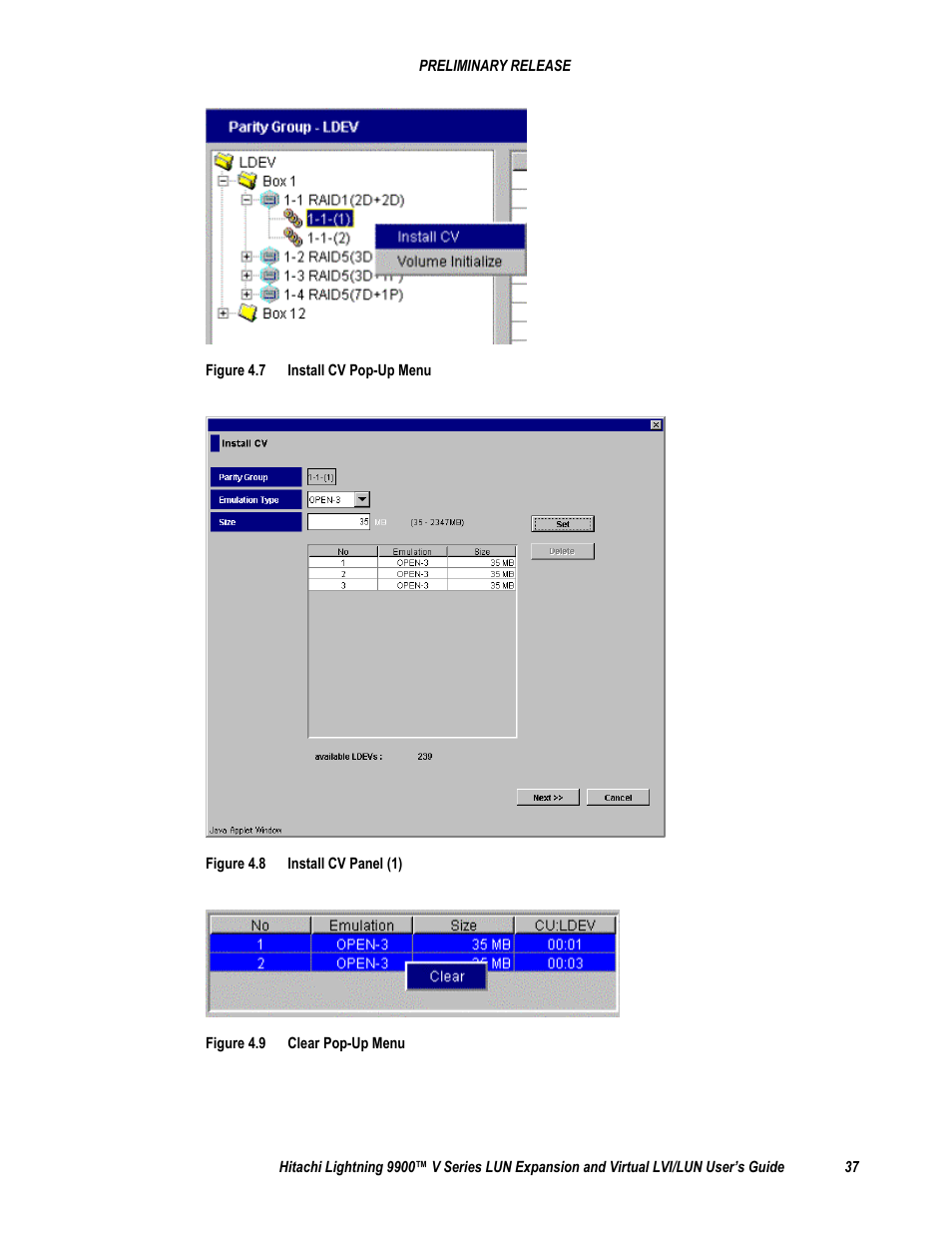 Figure 4.7 install cv pop-up menu, Figure 4.8 install cv panel (1), Figure 4.9 clear pop-up menu | Hitachi 9900 V Series User Manual | Page 49 / 64