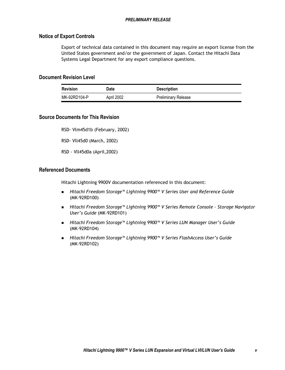 Notice of export controls, Document revision level, Source documents for this revision | Referenced documents | Hitachi 9900 V Series User Manual | Page 5 / 64