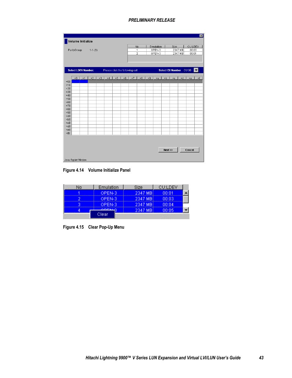 Figure 4.14 volume initialize panel, Figure 4.15 clear pop-up menu | Hitachi 9900 V Series User Manual | Page 55 / 64
