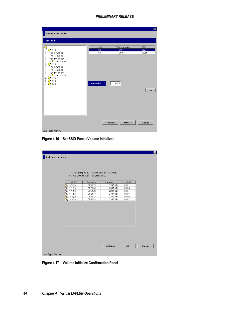 Figure 4.16 set ssid panel (volume initialize), Figure 4.17 volume initialize confirmation panel | Hitachi 9900 V Series User Manual | Page 56 / 64