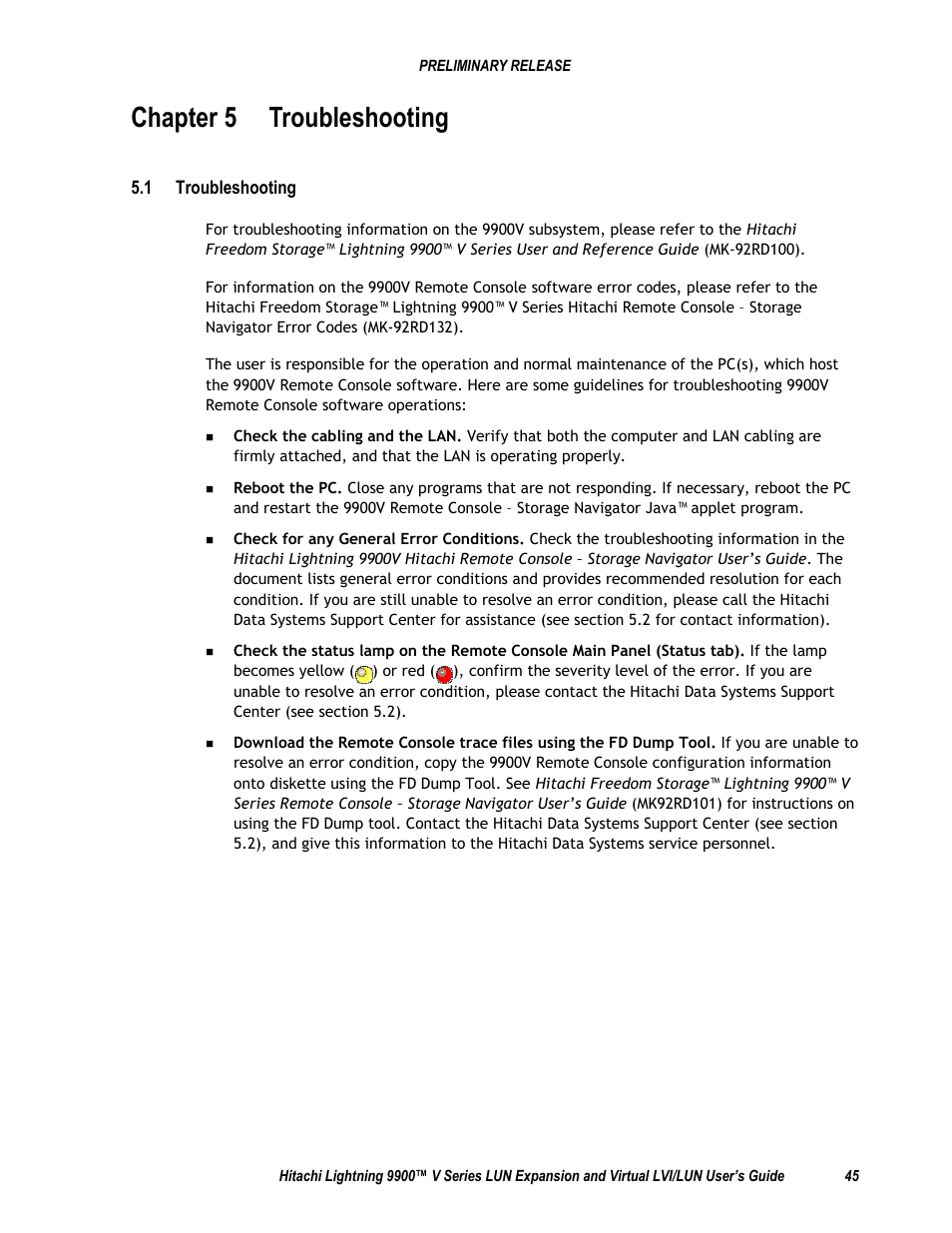 Chapter 5 troubleshooting, 1 troubleshooting | Hitachi 9900 V Series User Manual | Page 57 / 64