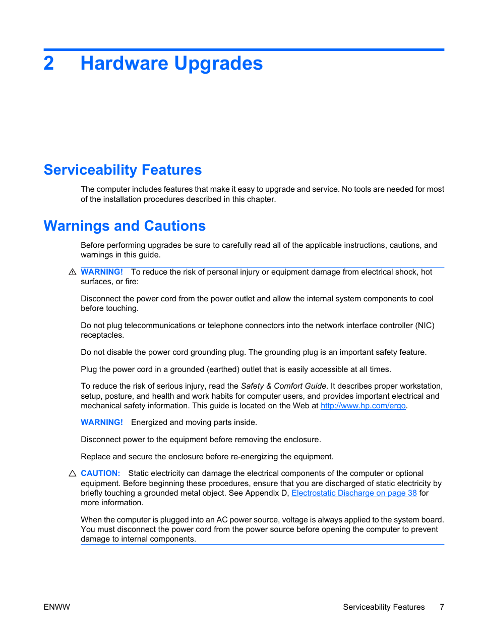 Hardware upgrades, Serviceability features, Warnings and cautions | 2 hardware upgrades, Serviceability features warnings and cautions, 2hardware upgrades | Hitachi COMPAQ 8000 User Manual | Page 13 / 48
